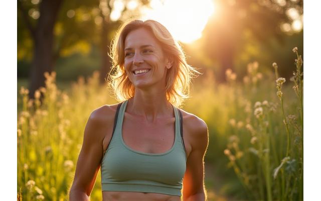 A woman in her late 30s enjoying a serene morning walk in nature, smiling peacefully.