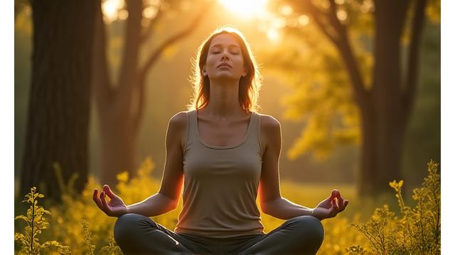 A person peacefully meditating in a natural setting with eyes closed