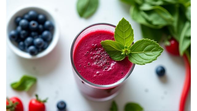 A delicious and healthy smoothie being prepared with fresh berries and spinach