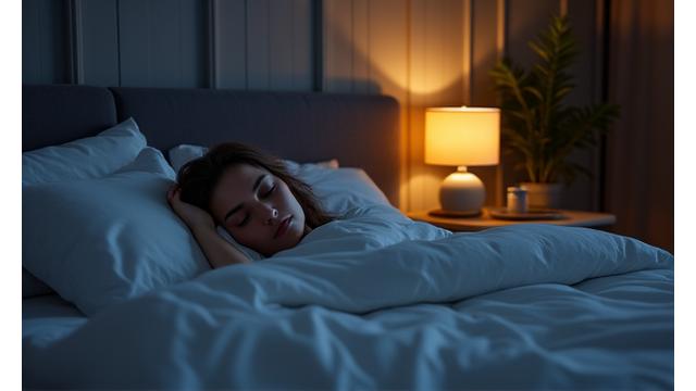 A person comfortably sleeping in a dimly lit, tidy bedroom