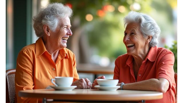 An older couple enjoying a vibrant conversation over coffee in a sunny cafe