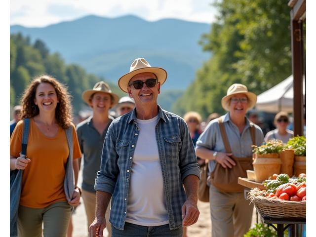 A vibrant, authentic street scene depicting mature adults enjoying Asheville, NC – perhaps engaging in a local farmers' market, hiking a trail with scenic mountain views, or participating in a community art event. The image should convey vitality, community, and the beauty of Asheville.