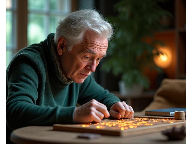 A subtly abstract yet clear image of a mature adult concentrating, perhaps solving a puzzle or engaged in deep thought. There should be a gentle glow or subtle neural network graphic overlaid, symbolizing cognitive activity and brain health. Soft, inspiring lighting.
