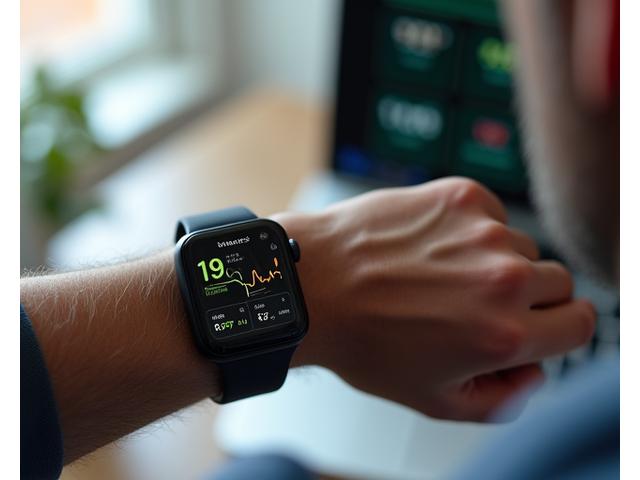 A modern smartwatch or wearable device prominently displayed on a mature adult's wrist, with glowing health data (heart rate, steps, sleep) shown on the screen. In the background, a subtle, clean graphic of health analytics or a personalized dashboard on a tablet. Clean, bright, and futuristic yet approachable feel.