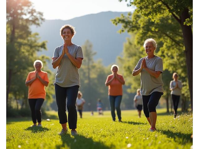 A diverse group of adults, perhaps in their 40s to 60s, engaged in a gentle but active outdoor exercise class, such as Tai Chi or flexible yoga, in a serene natural setting like a park. The focus is on fluid movement and healthy bodies.