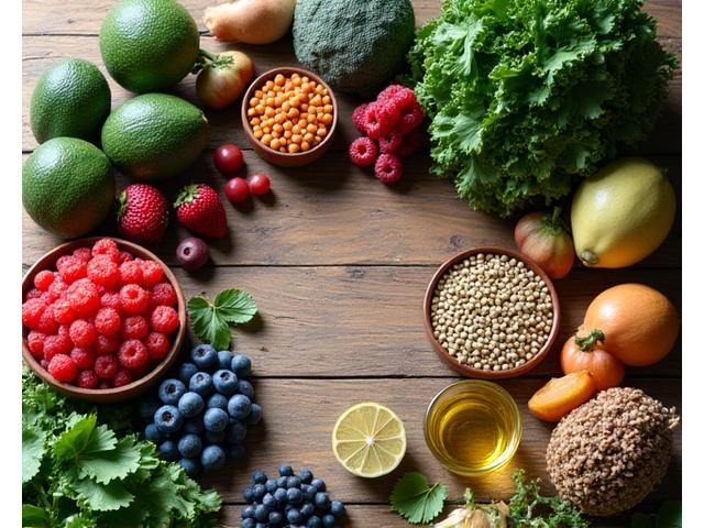 A vibrant, colorful spread of fresh, whole foods on a wooden table. Includes berries, leafy greens, nuts, seeds, and lean protein, arranged appealingly to suggest a healthy, delicious meal. Plenty of natural light.