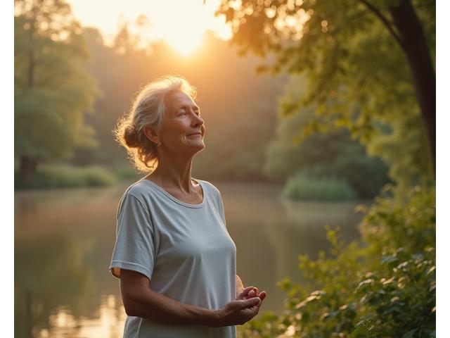 A serene image of a mature adult practicing mindfulness or meditation in a tranquil, natural setting like a garden or by a peaceful lake. The emphasis is on calmness and inner peace, perhaps with soft, glowing light or subtle energetic lines suggesting stress relief.