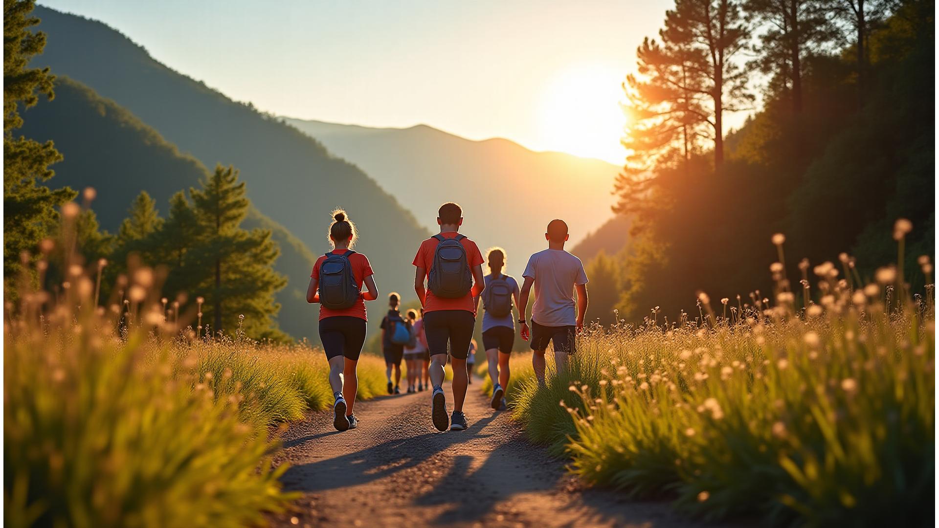 Diverse group of adults 35+ enjoying outdoor activities in Asheville, North Carolina, with mountains in the background, subtly overlaid with digital wellness interface elements.