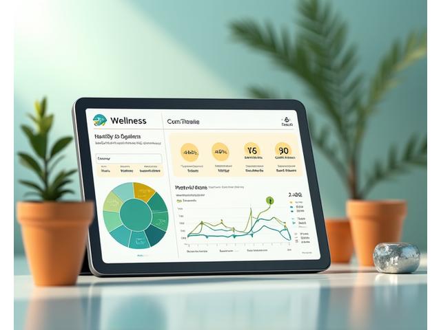 Illustration of a personalized wellness assessment interface with data points and a smiling mature adult avatar