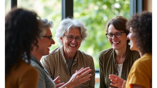 Group of diverse adults 35+ engaging in conversation in a warm, inviting community setting