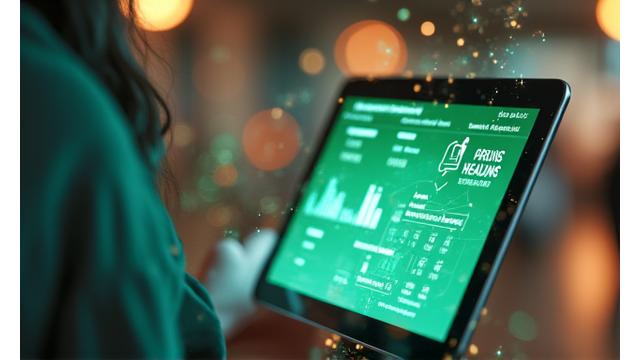 Person using a tablet with a personalized wellness plan on screen, surrounded by health data visualized