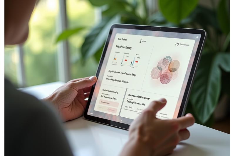 A user interface displaying mood tracking charts and personalized wellness recommendations, with a subtle floral overlay.
