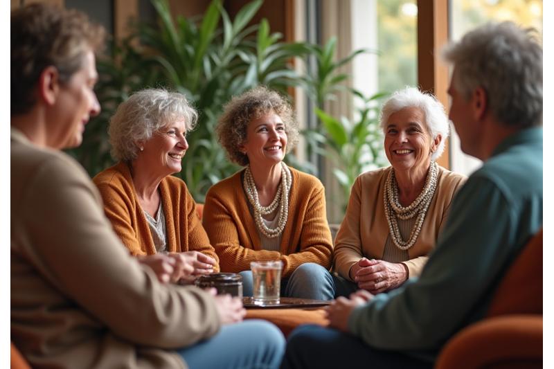 A diverse group of adults engaging in supportive conversation in a warm, inviting community space.
