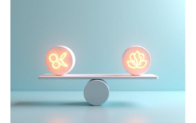 A balanced scale with elements representing work and life, symbolizing work-life balance strategies.
