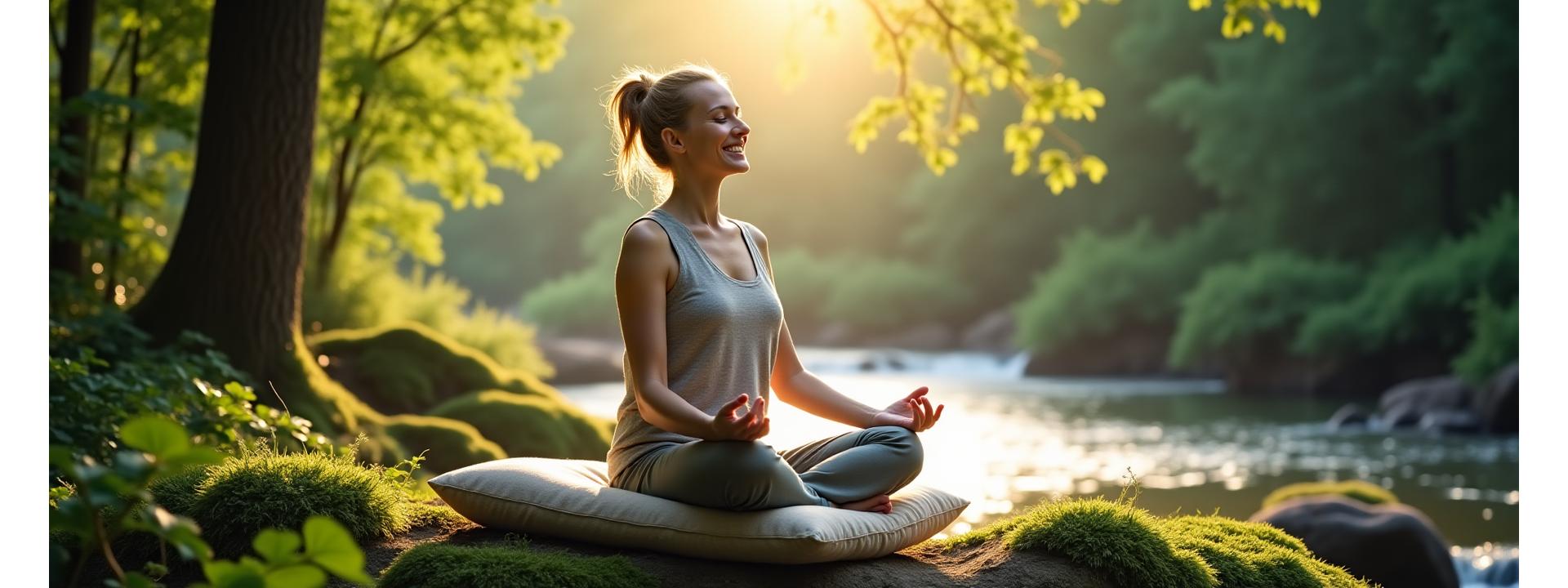 Woman meditating in a serene, sunlit natural setting, evoking peace and mental clarity.