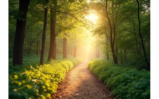 A serene pathway through a sun-dappled forest, symbolizing a gentle introduction to mindfulness.