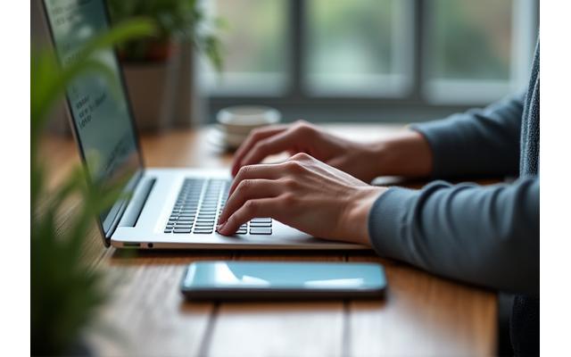 A focused individual working on a laptop in a clean, uncluttered space, symbolizing mental clarity and concentration.