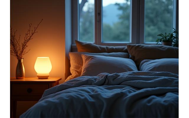 A peaceful bedroom interior at dusk with ambient lighting, promoting restful sleep.